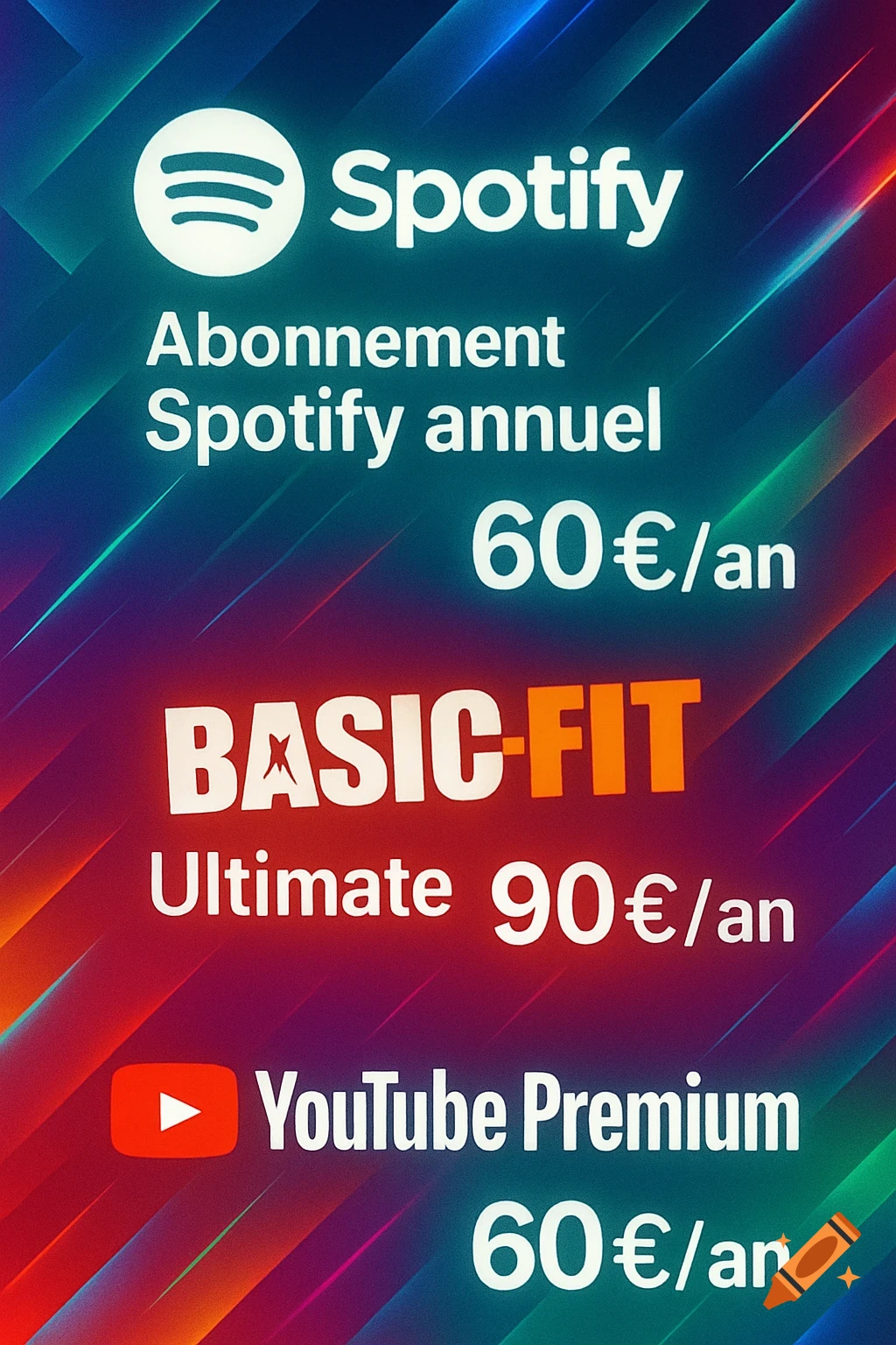 Vibrant promotional poster for Spotify, Basic-Fit, and YouTube Premium subscriptions with logos and pricing.