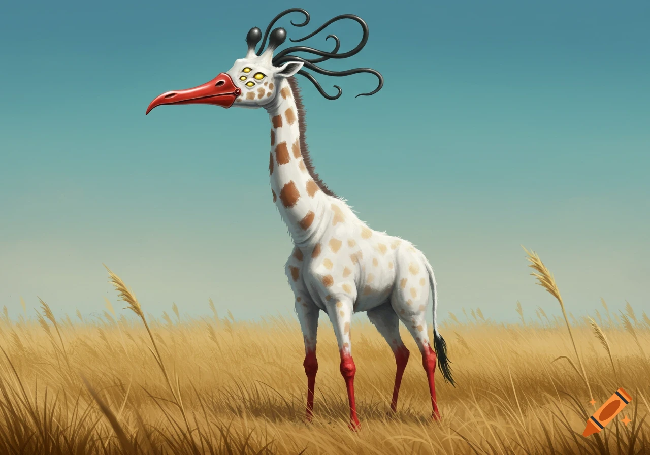 A fantasy giraffe with a red beak, multiple yellow eyes, black tentacles, and red hooves stands in a golden grassy field.