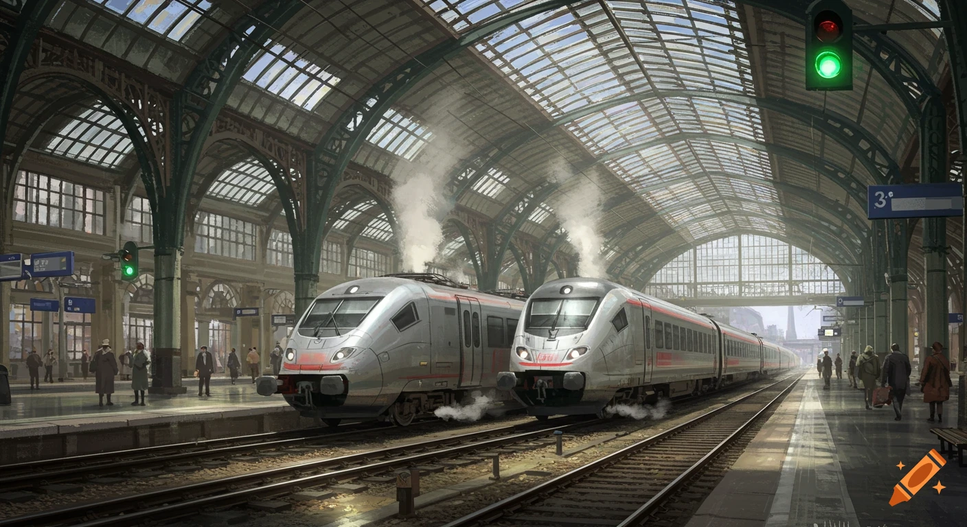 Two modern silver trains stand on parallel tracks in a large, bright train station with a glass and steel arched roof, emitting smoke as they begin to move. Travelers wait on the platform, and green signal lights are visible.