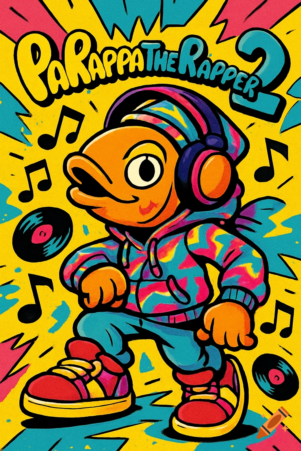 Vibrant cartoon of an orange fish in a colorful hoodie, headphones, sneakers, dancing against yellow background with music notes, 'PaRappa the Rapper 2'.