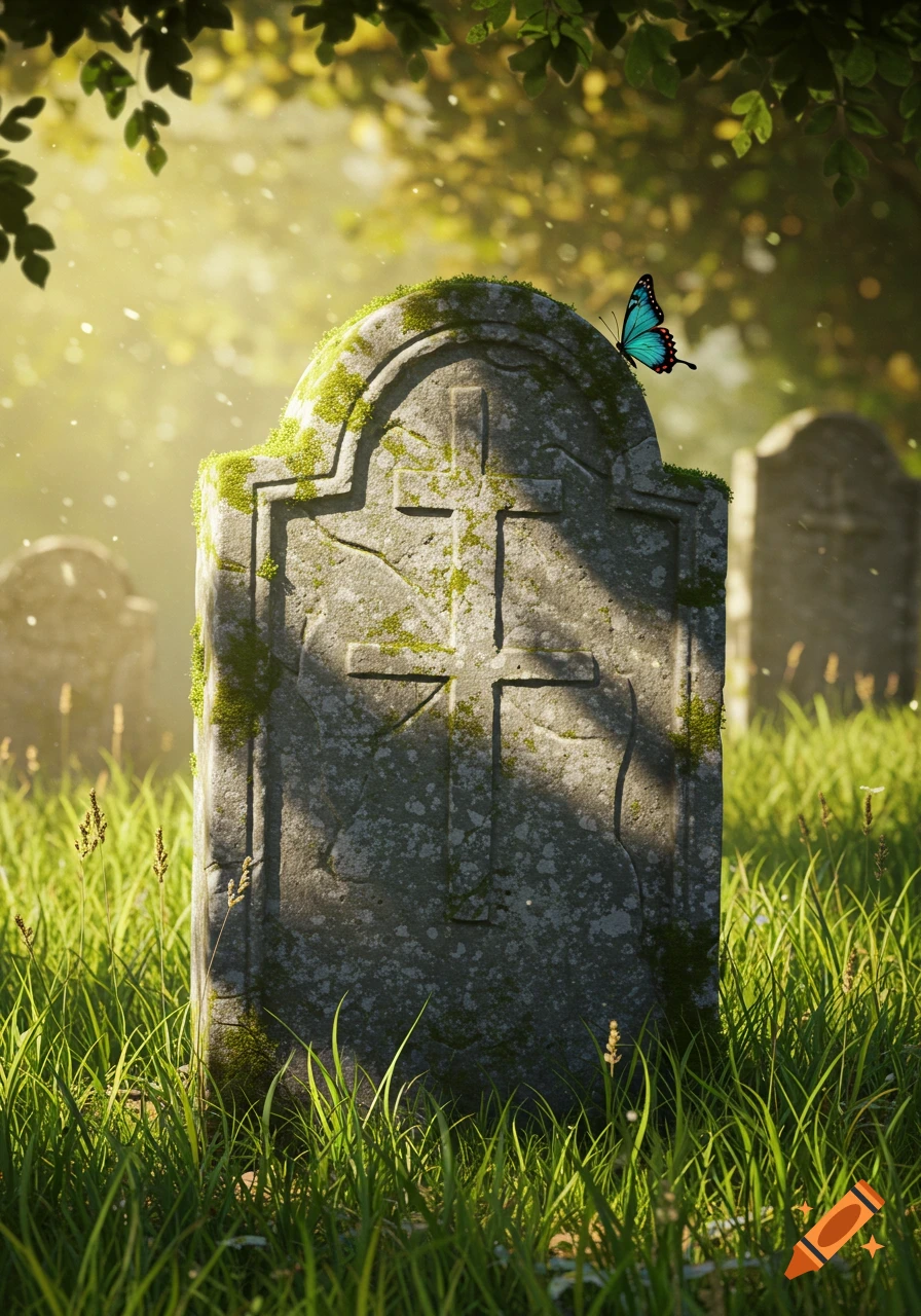 A photorealistic image of a moss-covered gravestone with a cross carving in a sunlit, grassy cemetery, with a blue butterfly perched on top.