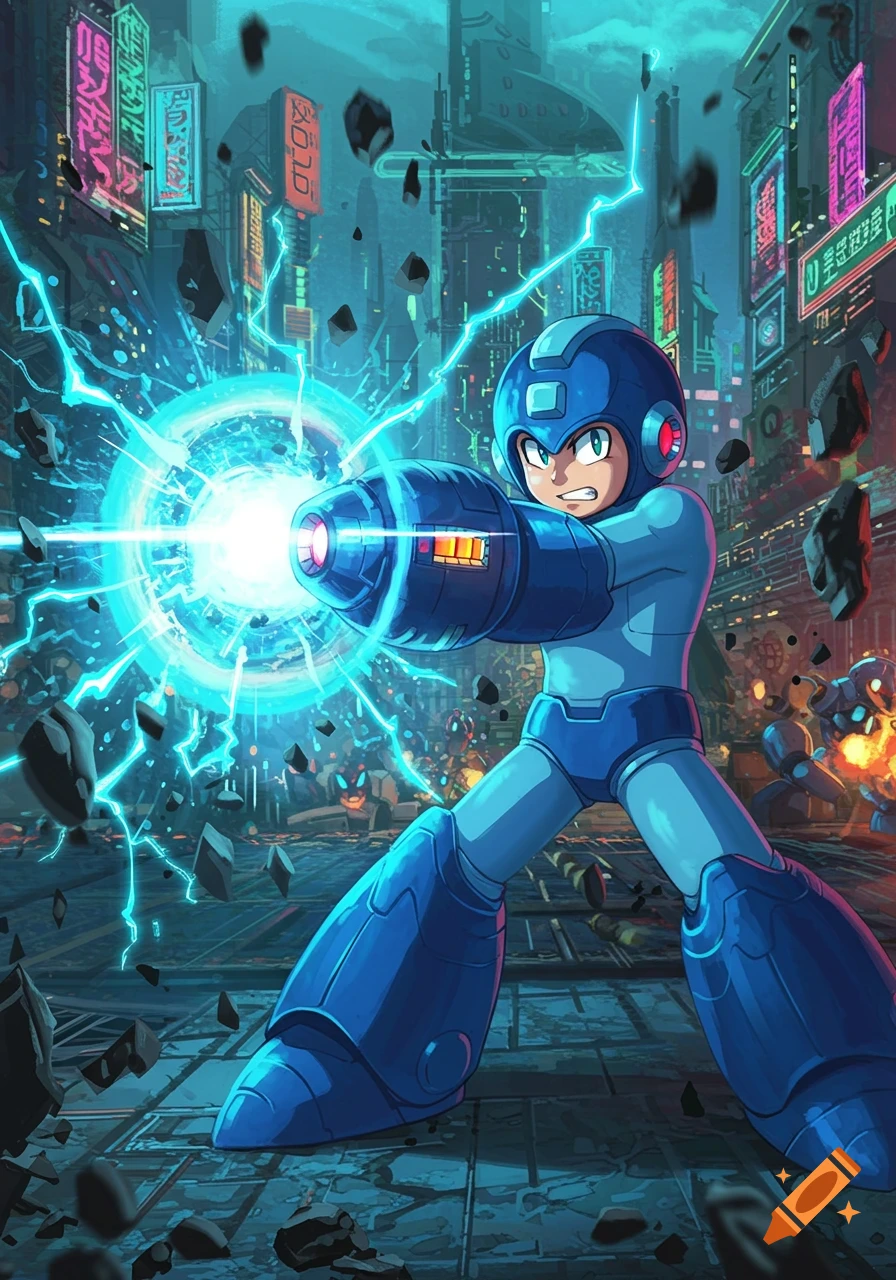 Mega Man charges an energy blast from his arm cannon in a futuristic city scene, anime style.