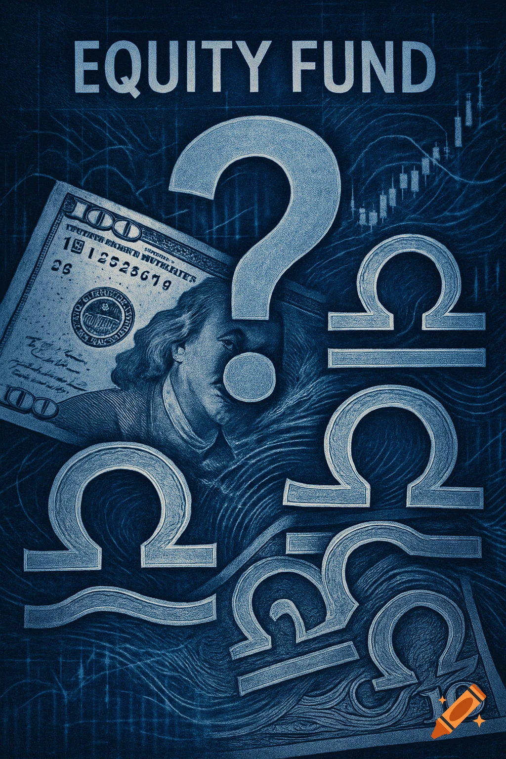 An abstract blue image featuring "EQUITY FUND" text, a large question mark, a 100 dollar bill, and multiple Omega symbols, against a background of financial charts and waves.