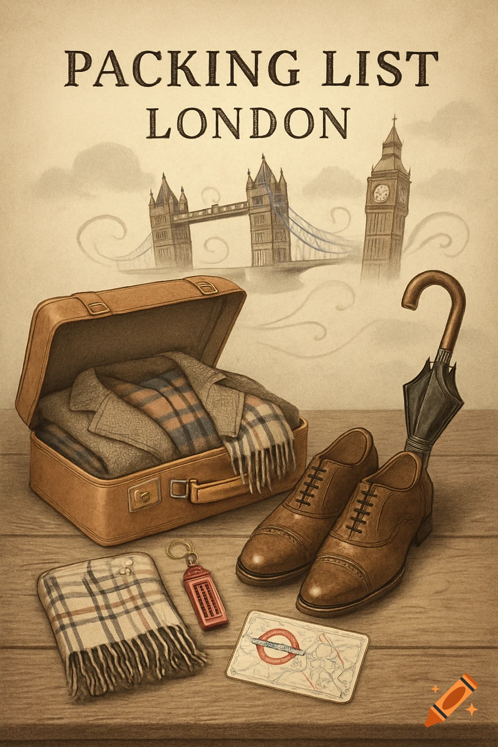 An illustrated packing list for London featuring a suitcase, clothes, shoes, umbrella, and landmarks like Tower Bridge and Big Ben.