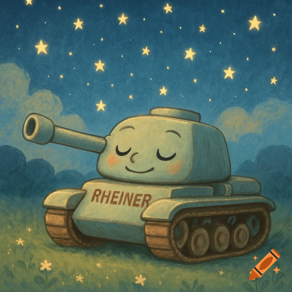A cute, sleeping cartoon tank with "RHEINER" on its side, under a starry night sky, in a children's book illustration style.