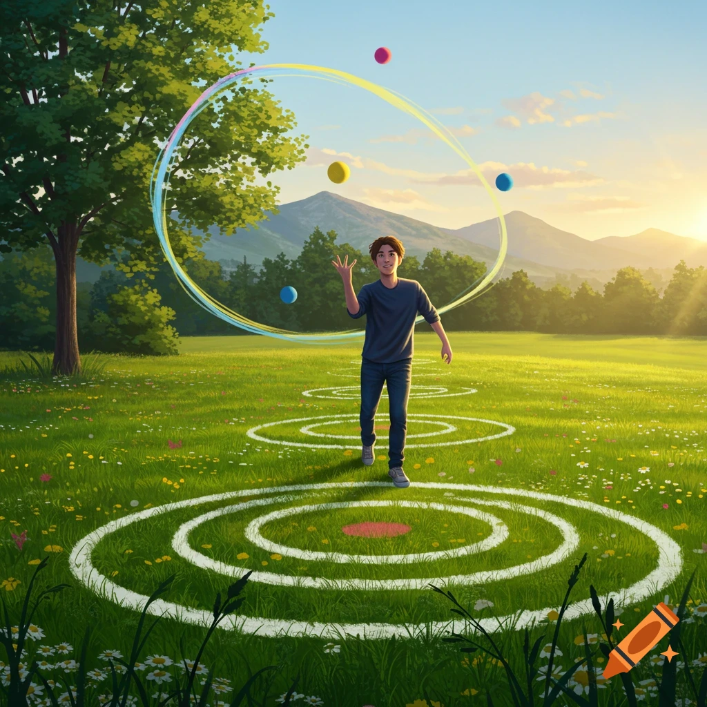 An illustrated young man throws colorful balls in a vibrant green meadow with target circles, trees, and mountains at sunset.