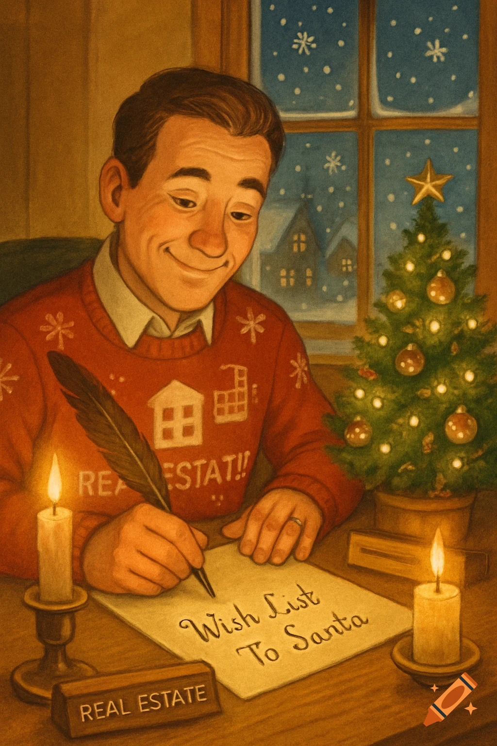 An illustration of a smiling man in a Christmas sweater writing "Wish List To Santa" with a quill pen at a desk, with a small Christmas tree and a snowy window behind him.