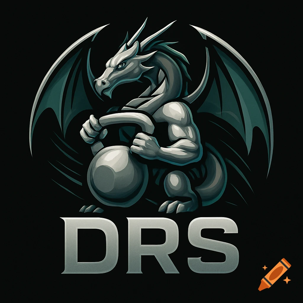 Grey muscular dragon logo with wings holding a kettlebell, text 'DRS' below on a dark background.