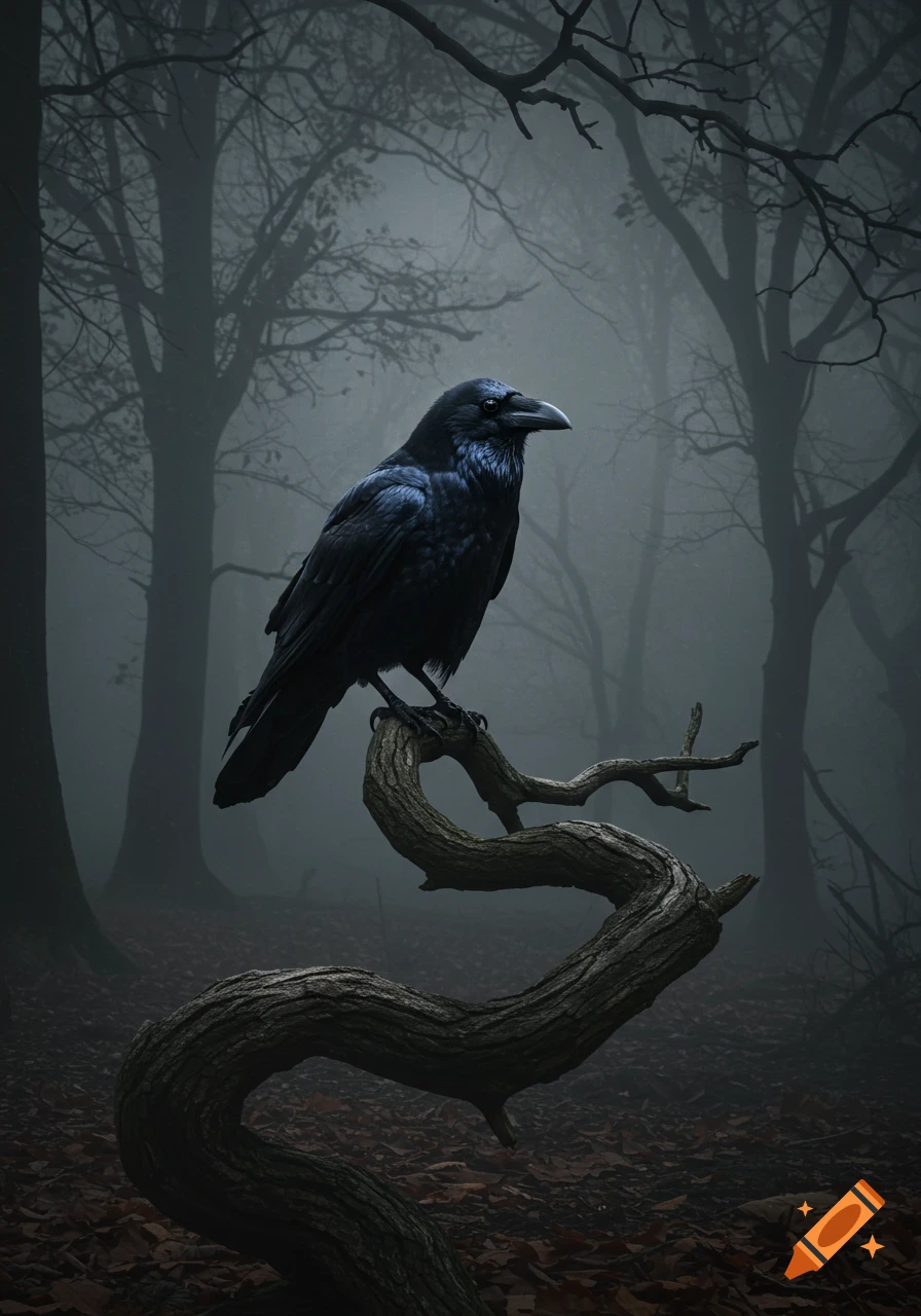A photorealistic black raven perches on a gnarled branch in a dark, misty forest with bare trees and fallen leaves.