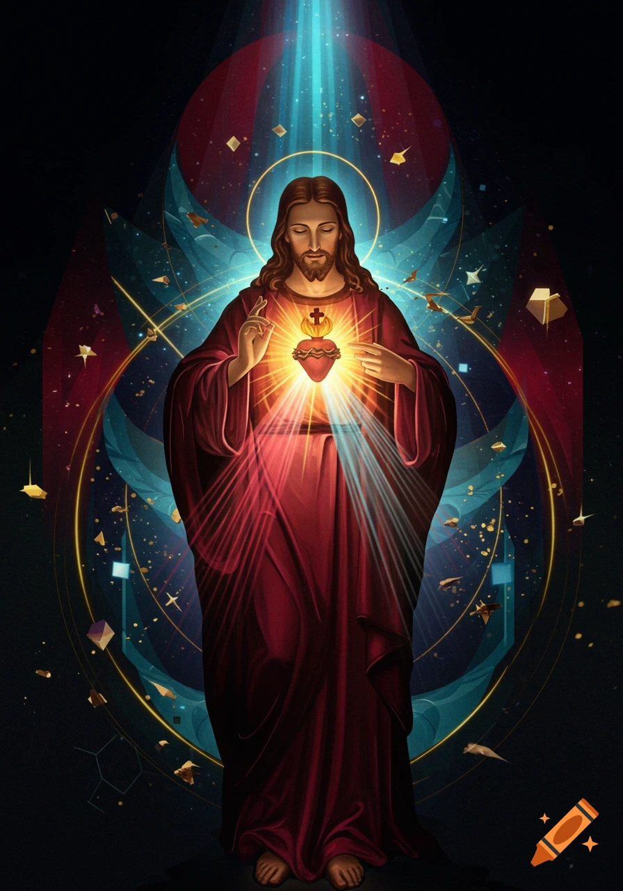 Stylized depiction of Jesus with the Sacred Heart, bathed in vibrant light against an abstract, geometric background.