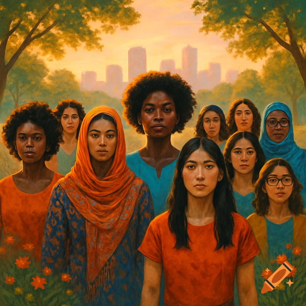 A group of diverse women stand together outdoors with trees and a city skyline at sunset, in a painterly style.