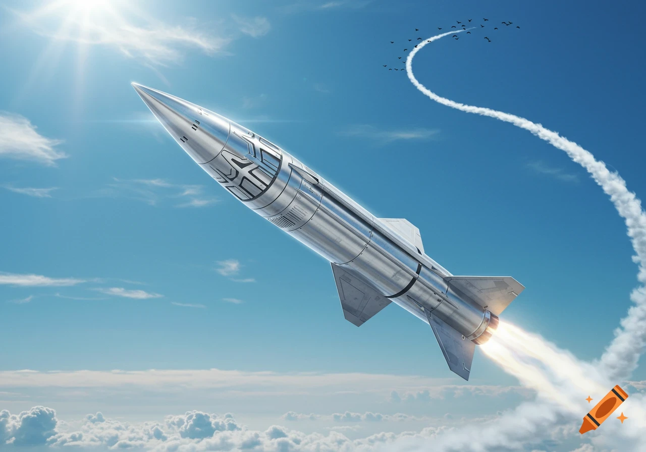 A photorealistic silver missile with an exhaust plume ascends into a clear blue sky above clouds. A flock of birds flies in the distance.