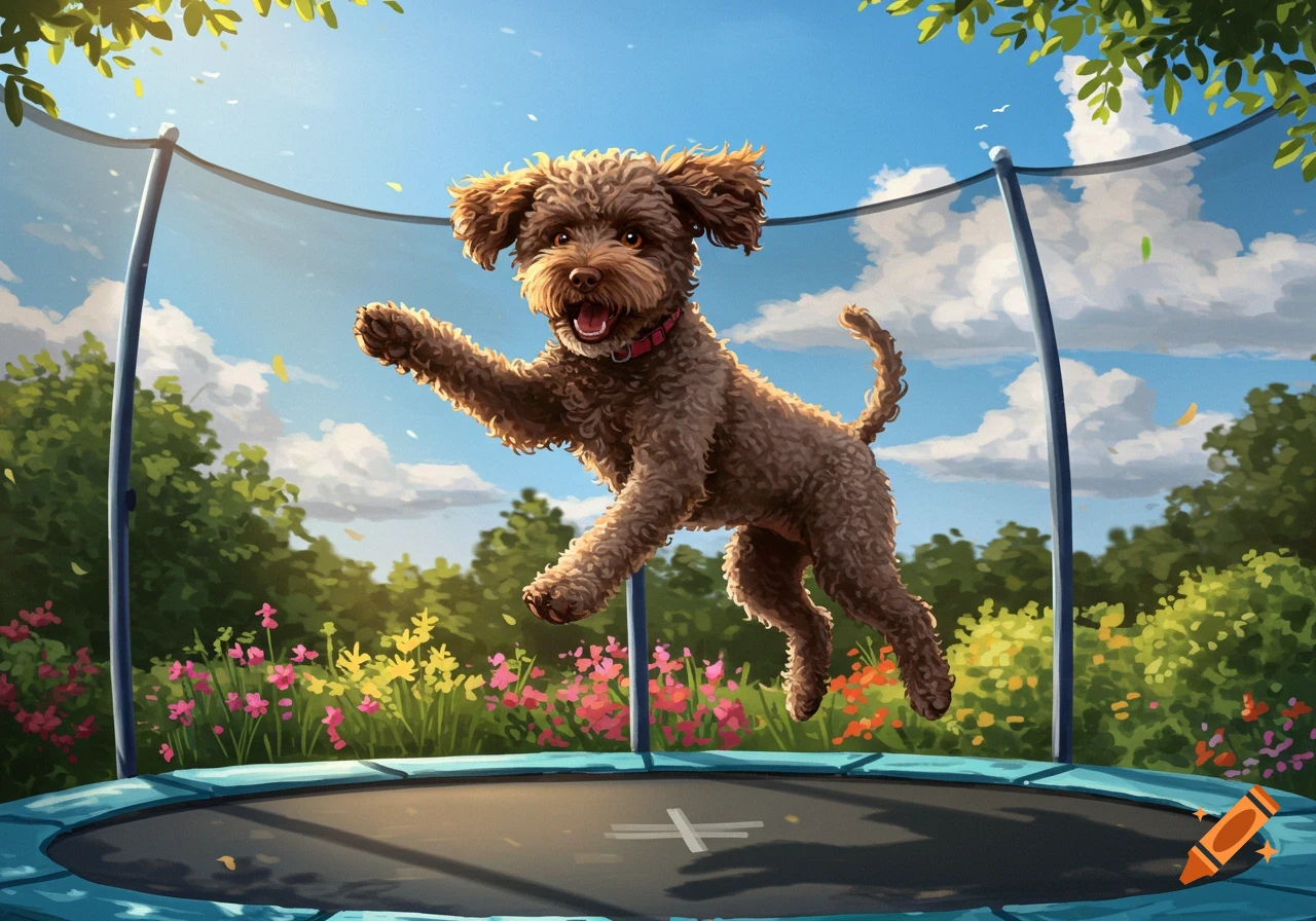 A white shih tzu dog jumping on a colorful trampoline in a grassy
