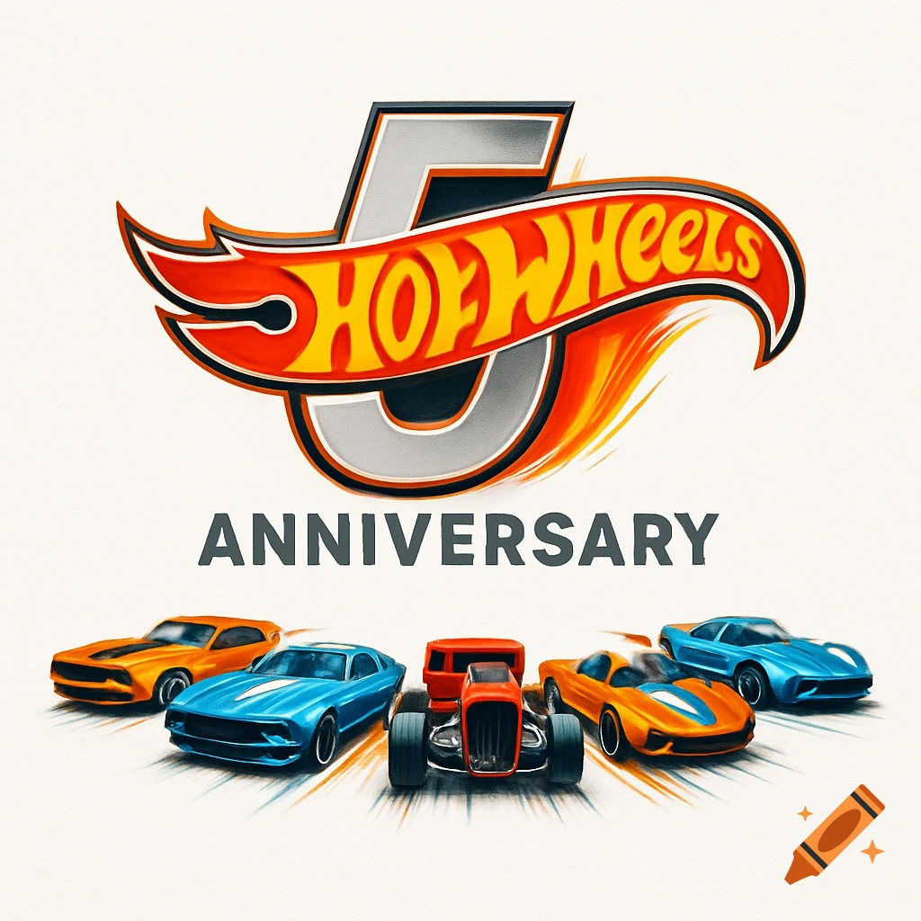 5th Anniversary Hot Wheels logo with several toy cars like a blue Mustang, red hot rod, and orange sports car on a white background.