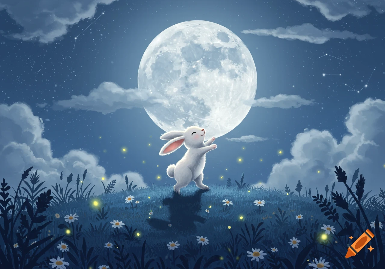 A cute white cartoon rabbit stands on a grassy hill, reaching towards a large full moon in a starry night sky with clouds and fireflies.