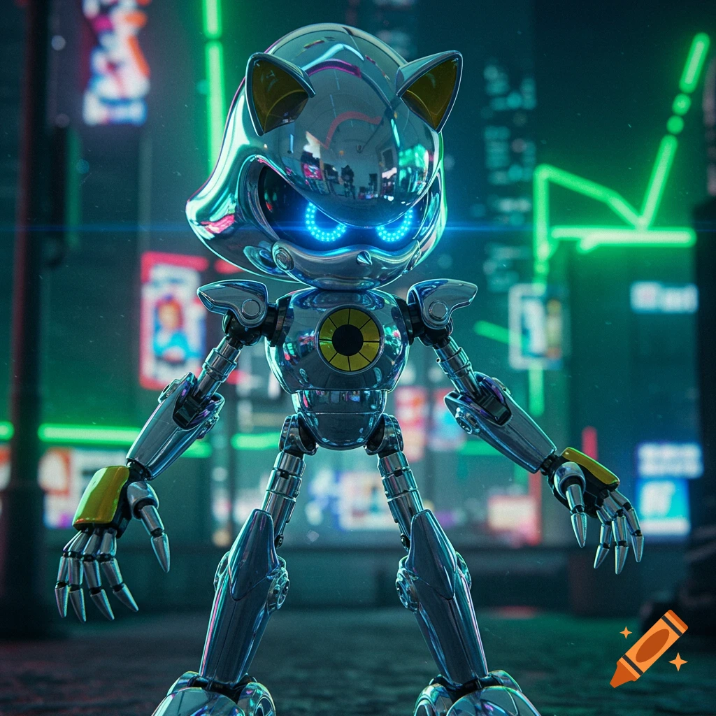 A metallic robot with glowing blue eyes, resembling Metal Sonic, stands in a neon-lit futuristic city.