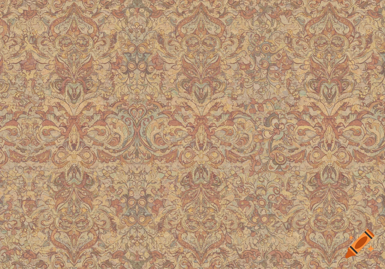 Intricate ornate wallpaper pattern in muted gold, rust, and teal colors.