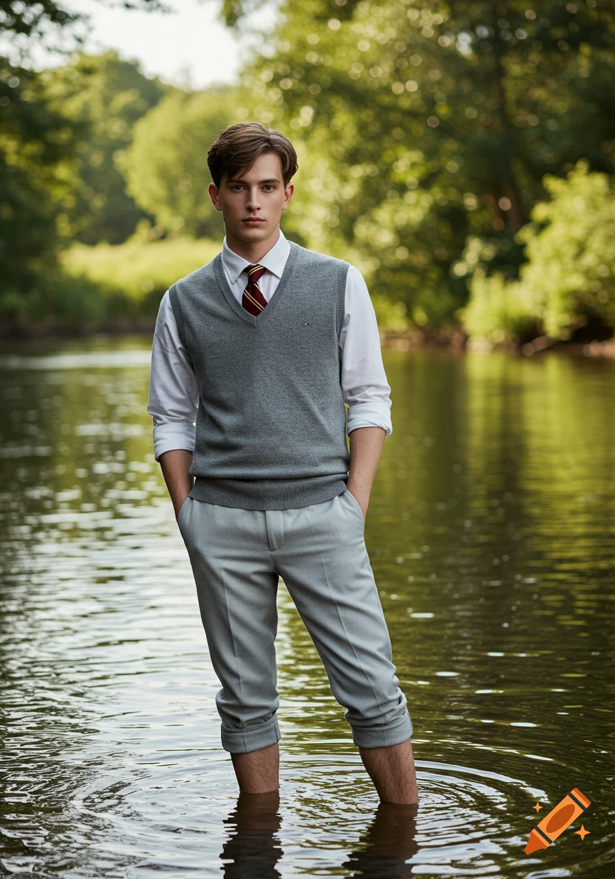 A young man in a gray sweater vest and rolled-up pants stands in a river, surrounded by lush green trees.