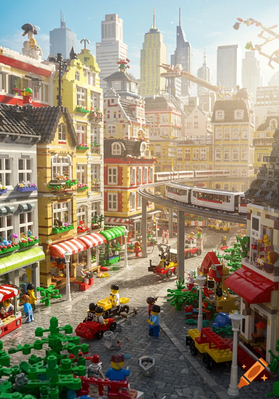 A vibrant, detailed LEGO city street scene with colorful buildings, minifigures, and a monorail curving above.