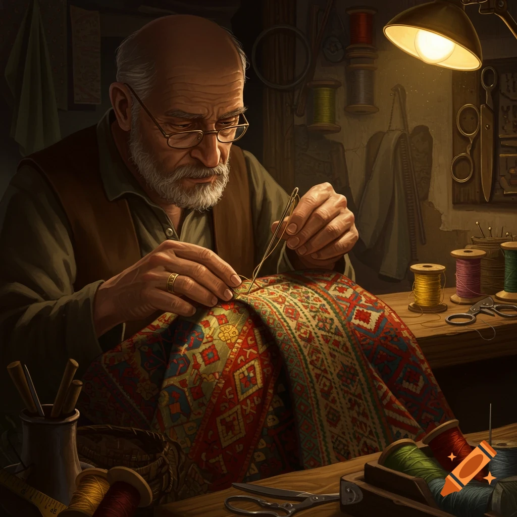 Elderly man meticulously mending a colorful, patterned fabric in a dimly lit workshop, surrounded by sewing supplies.