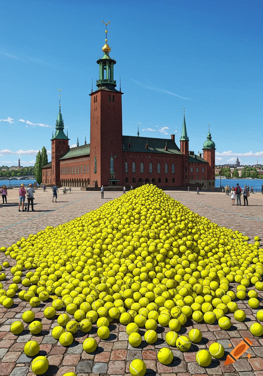 A massive pile of yellow tennis balls covers the cobblestone square in front of Stockholm City Hall under a clear blue sky.