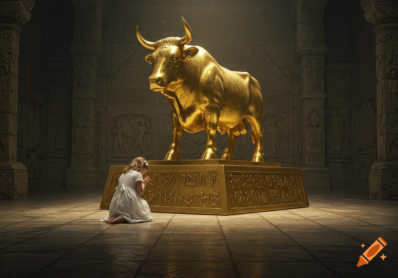 Young girl in white dress kneeling before a large golden bull idol on an ornate pedestal in an ancient temple.