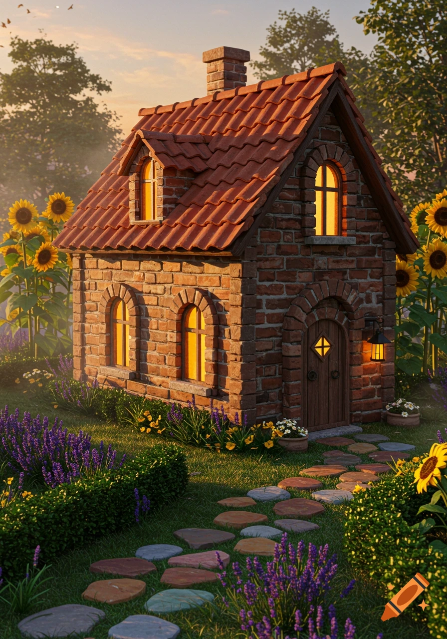 A charming brick cottage with a red tile roof and glowing windows, surrounded by sunflowers, lavender, and a stone path.
