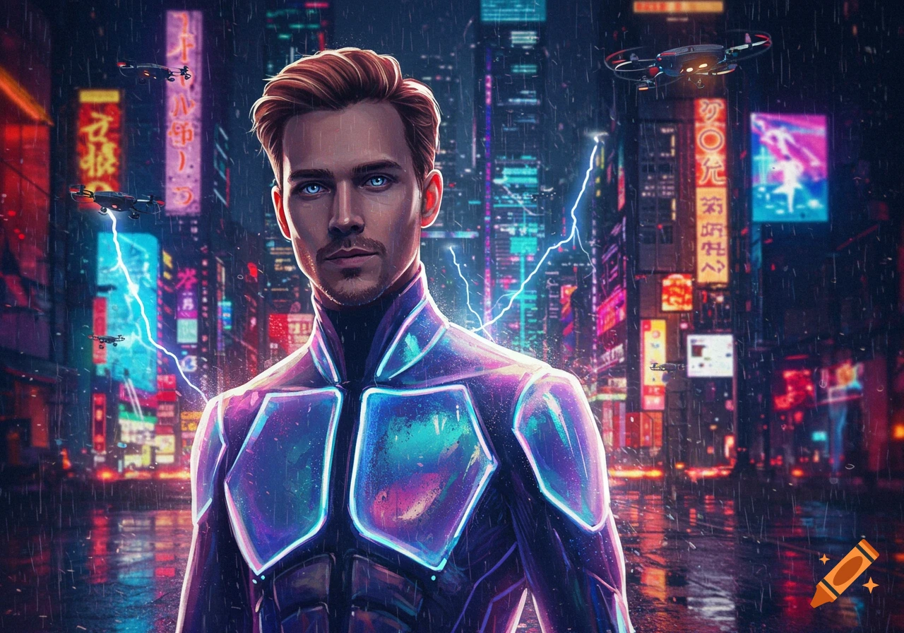 A man in a glowing futuristic suit stands in a neon-lit cyberpunk city, with drones flying and lightning effects. Realistic, vibrant style.