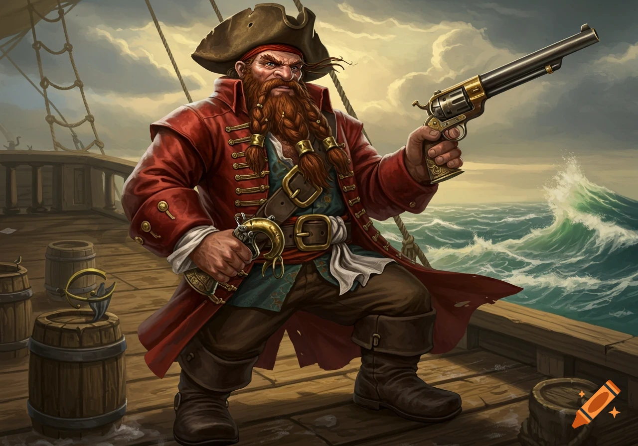 A fierce dwarf pirate in a red coat and hat stands on a ship deck, holding a revolver and a golden hook, with stormy seas.