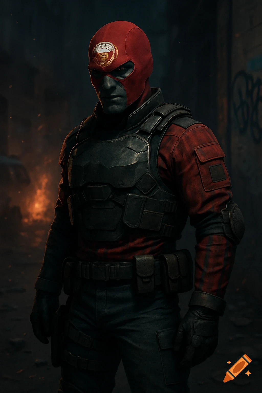 A gray-skinned character in a red mask with a logo, black tactical armor, and a red striped shirt, stands in a dark, gritty setting with fire.