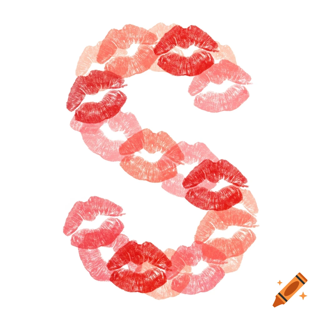 A letter S formed by various shades of red and pink lipstick kiss marks on a white background, in an artistic and romantic style.