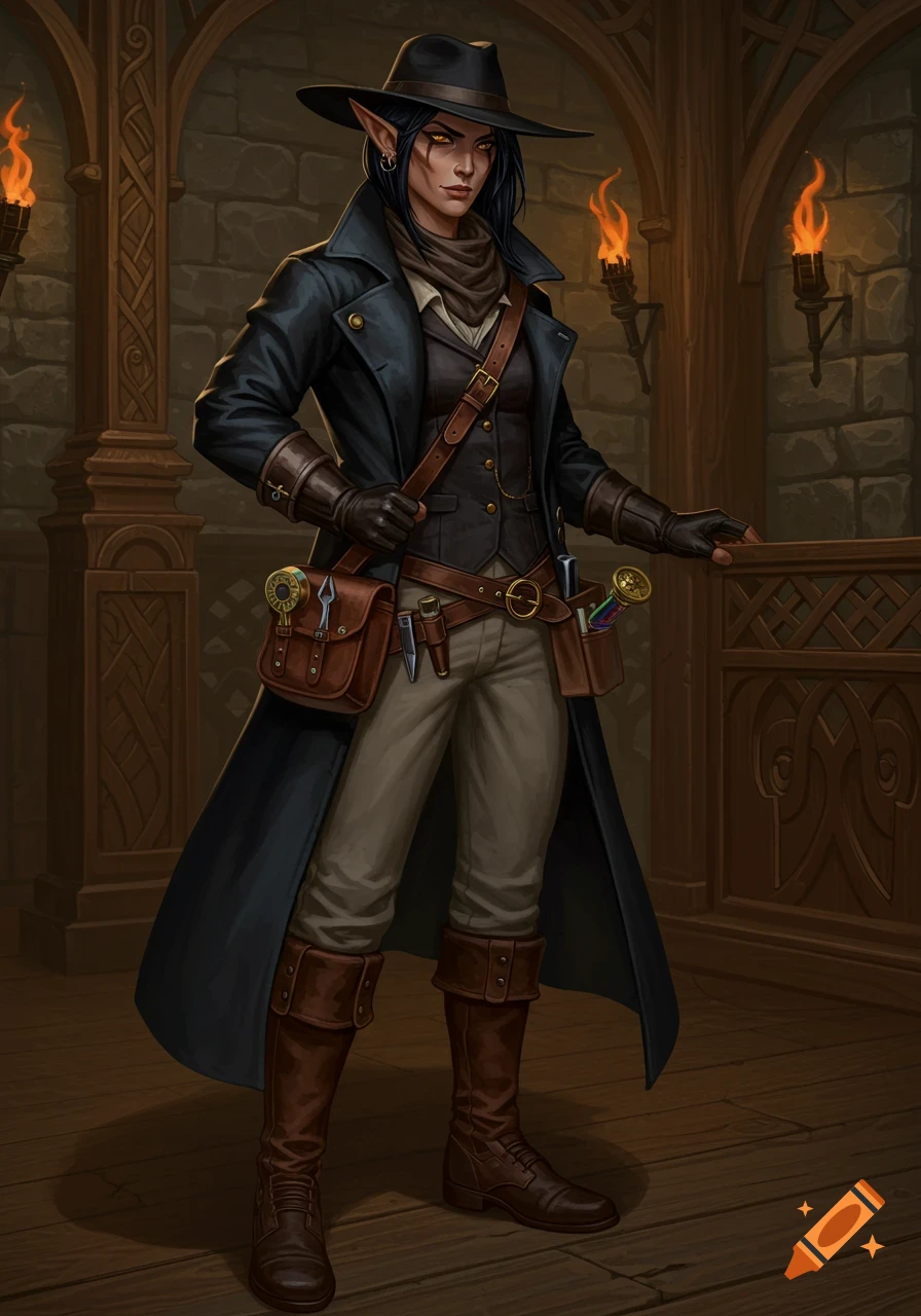 A serious half-elf female investigator in a black coat, fedora, and leather gear stands in a torchlit fantasy hall. Fantasy illustration.