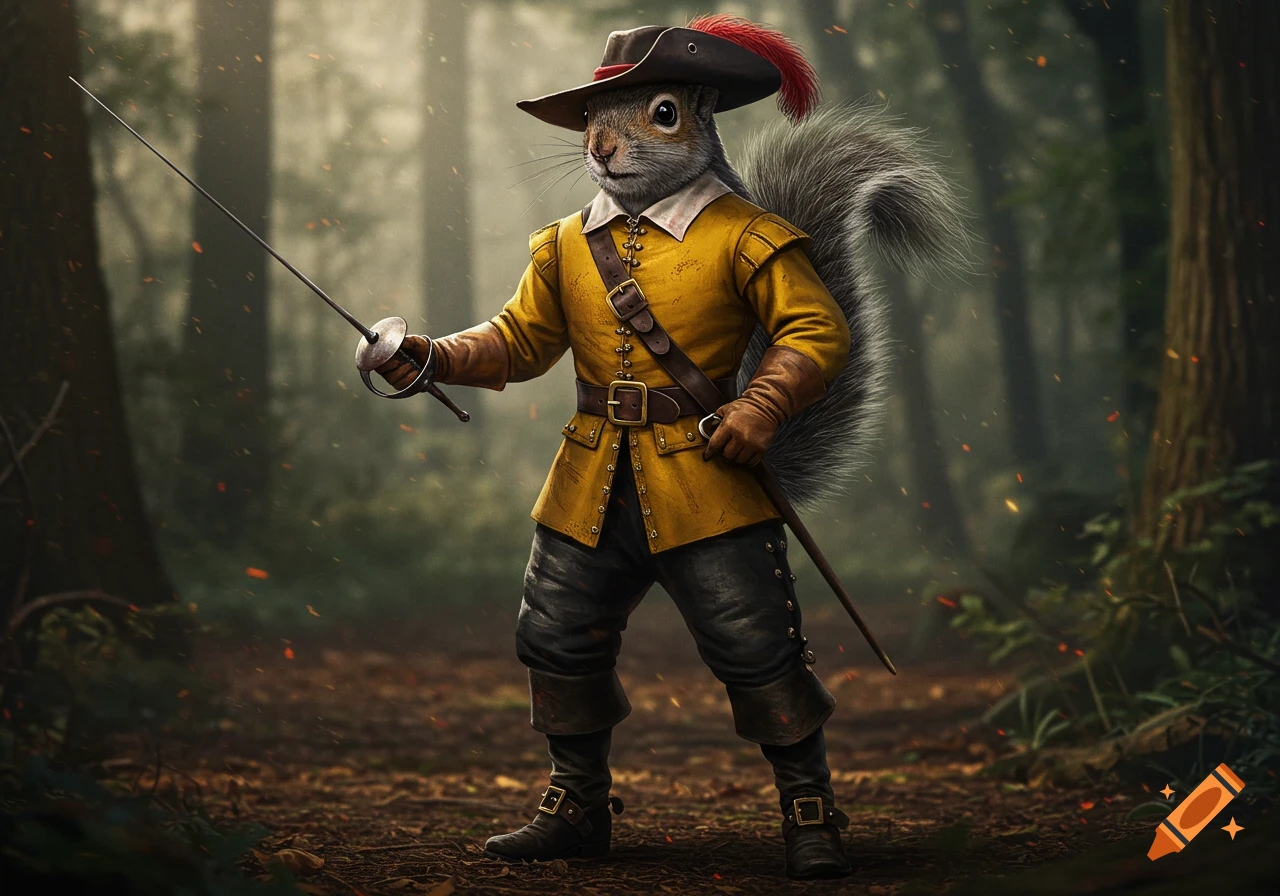 Photorealistic anthropomorphic grey squirrel in a yellow swashbuckler outfit and plumed hat, holding a fencing foil in a forest.