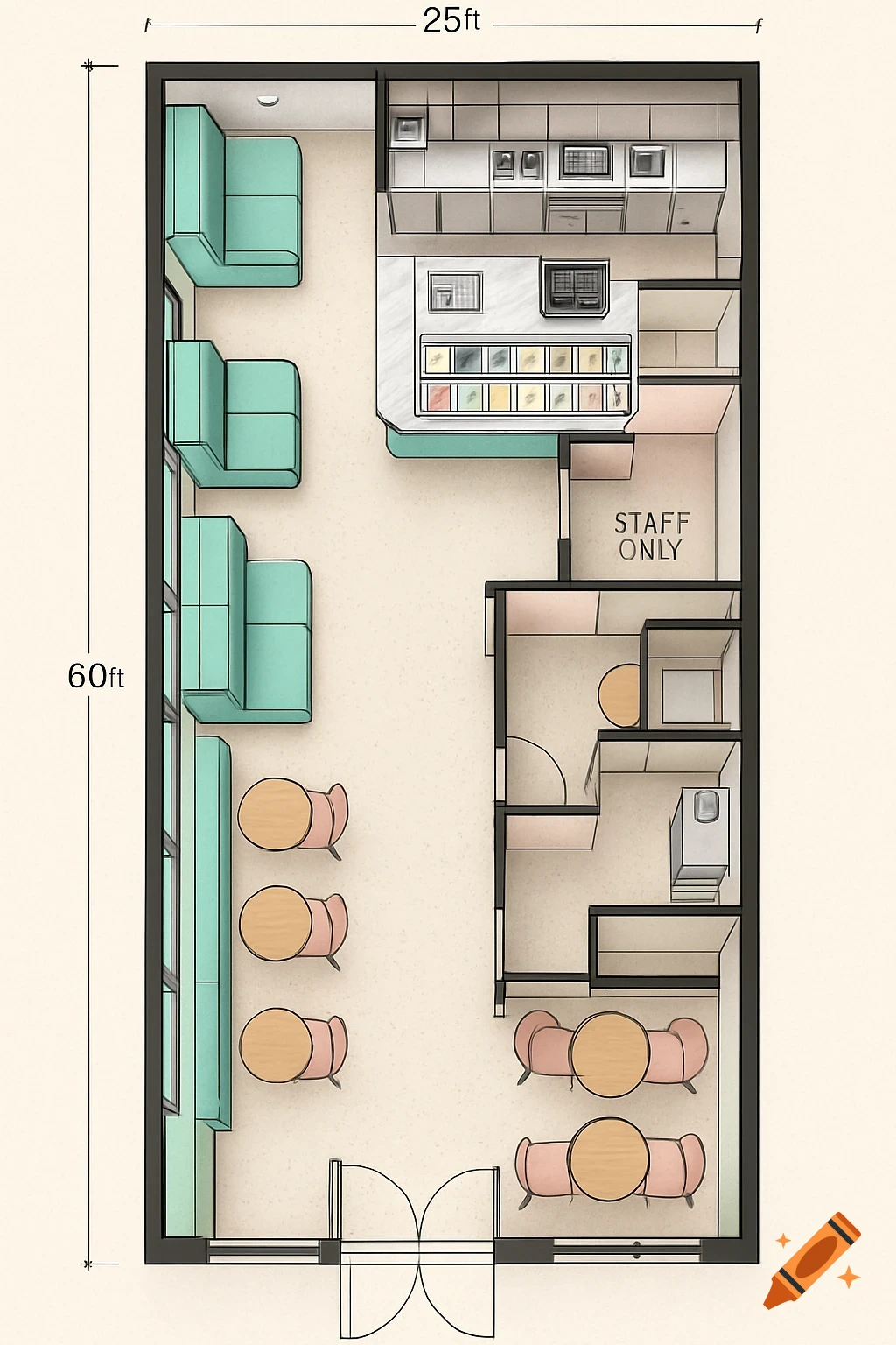 Top-down floorplan of a 25ft x 60ft ice cream shop with dining booths, tables, counter, kitchen, and 'STAFF ONLY' area.
