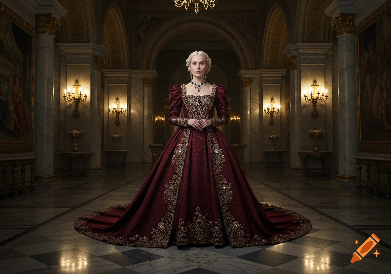 A regal queen in an ornate red and gold gown stands in a grand, photorealistic marble throne room.