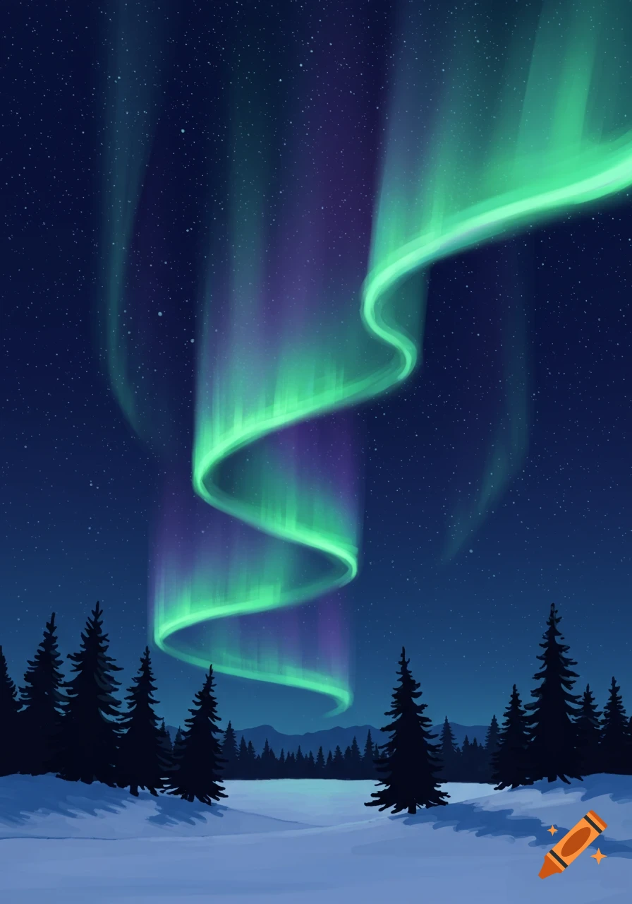 Stylized illustration of vibrant green and purple Northern Lights swirling over a snowy forest landscape.