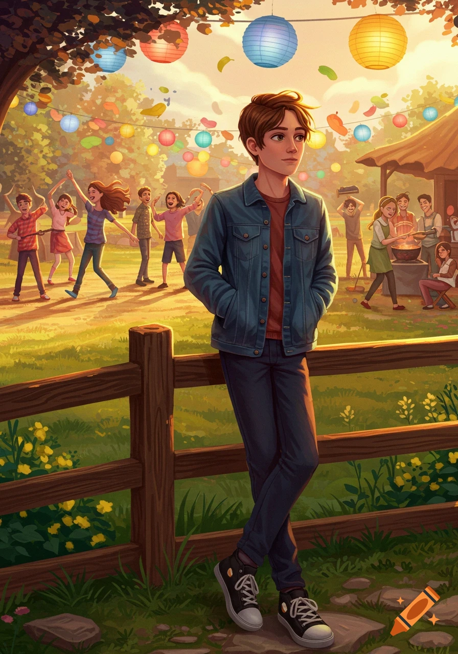 A brown-haired boy in a denim jacket leans on a fence at a vibrant outdoor festival with dancing kids and cooking adults.