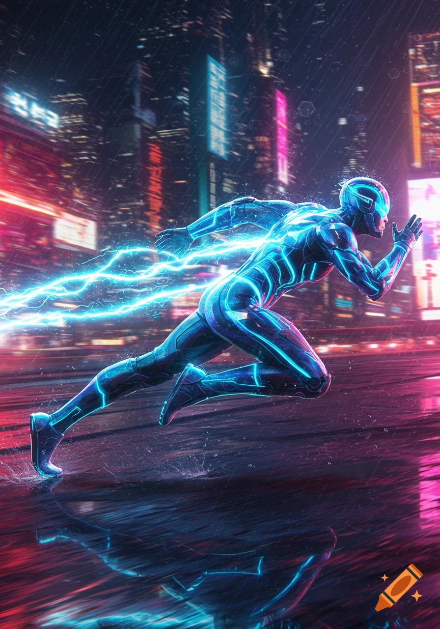 A glowing blue speedster runs through a neon-lit, rainy cyberpunk city, trailing electric energy.