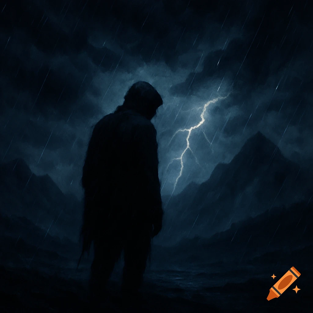 A dark silhouette of a person stands alone in a stormy, rainy landscape with a bright lightning strike in the sky.