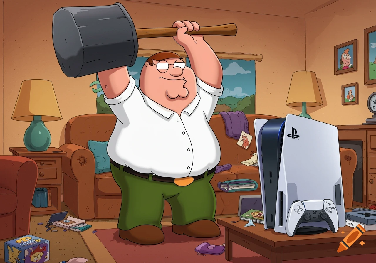 Peter Griffin from Family Guy preparing to smash a white PlayStation 5 console with a large black hammer in a living room.