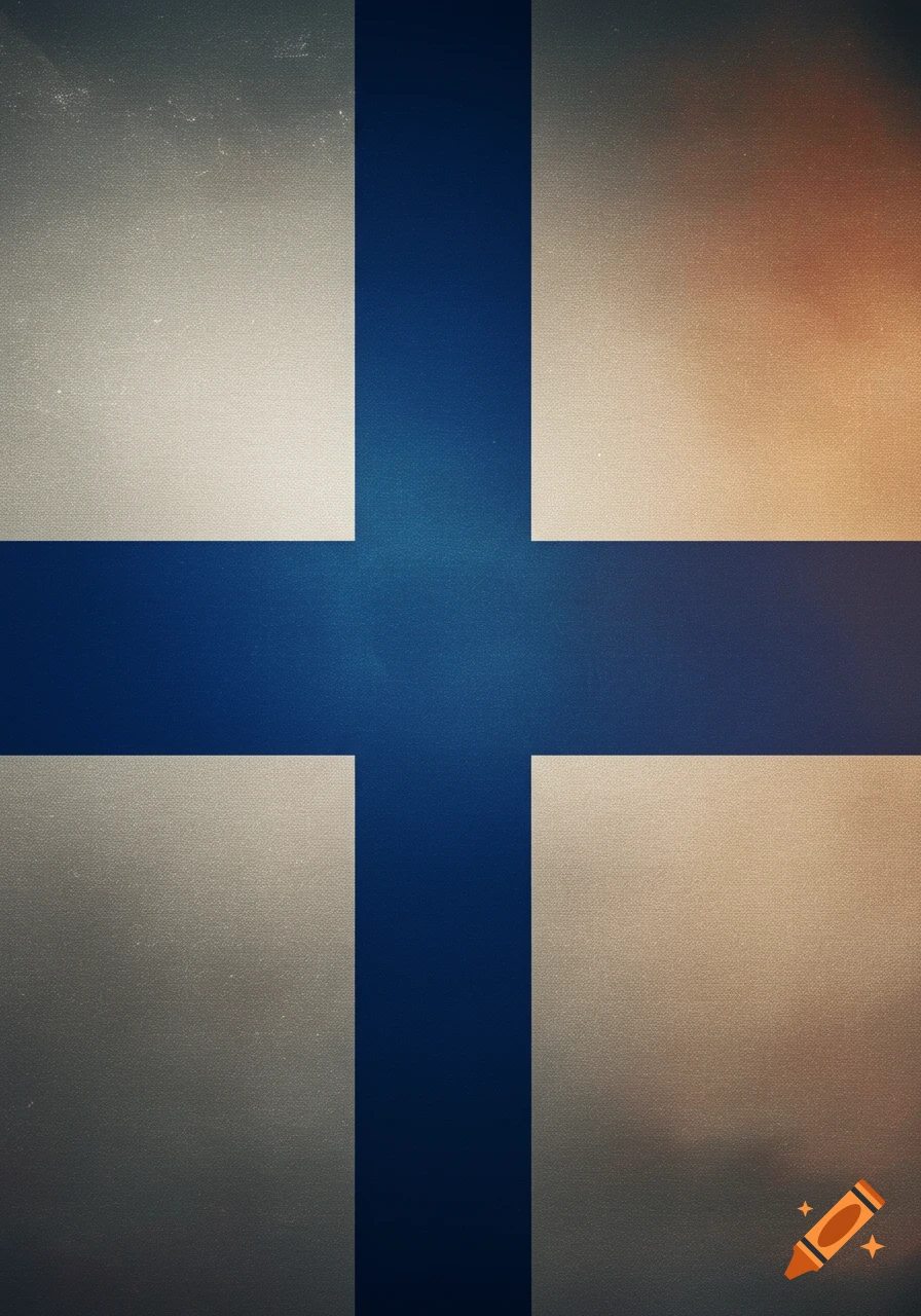 A distressed, textured Finnish flag featuring a blue Nordic cross on a faded light background.