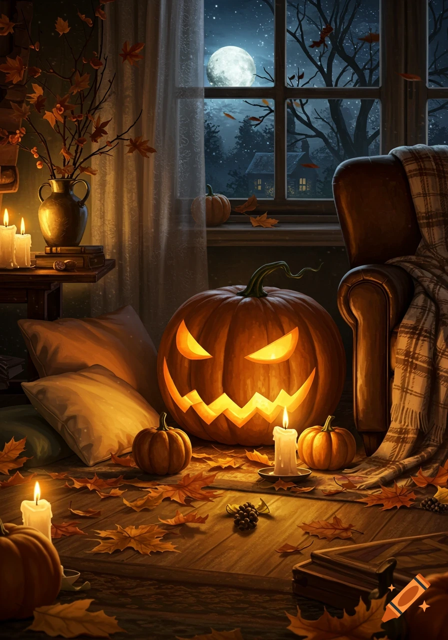 A cozy, detailed illustration of a Halloween scene with a glowing jack-o'-lantern, candles, autumn leaves, and a full moon outside a window at night.