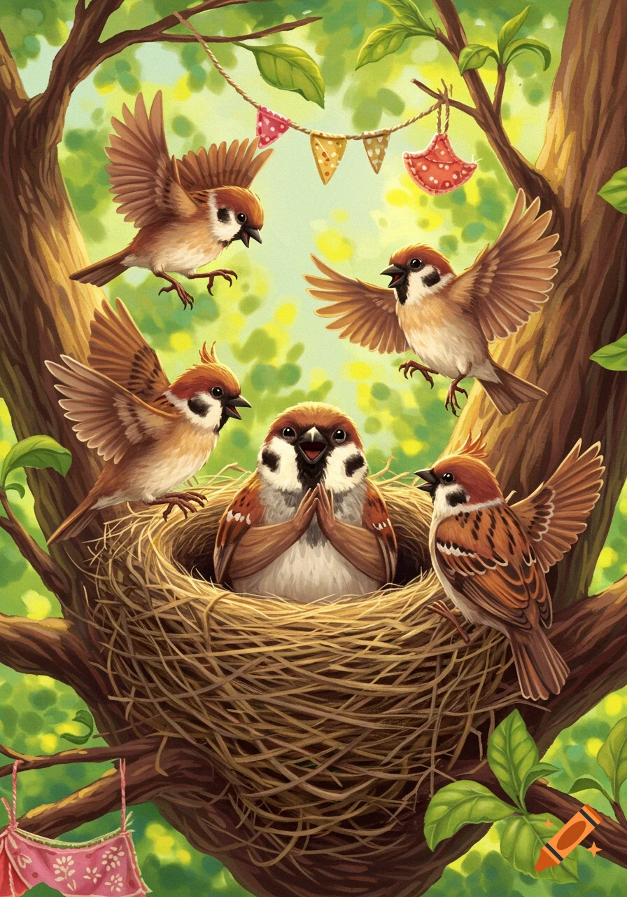 Five charming sparrows gathered around a nest in a vibrant tree, with one bird in the nest appearing to clap, in a whimsical illustration style.