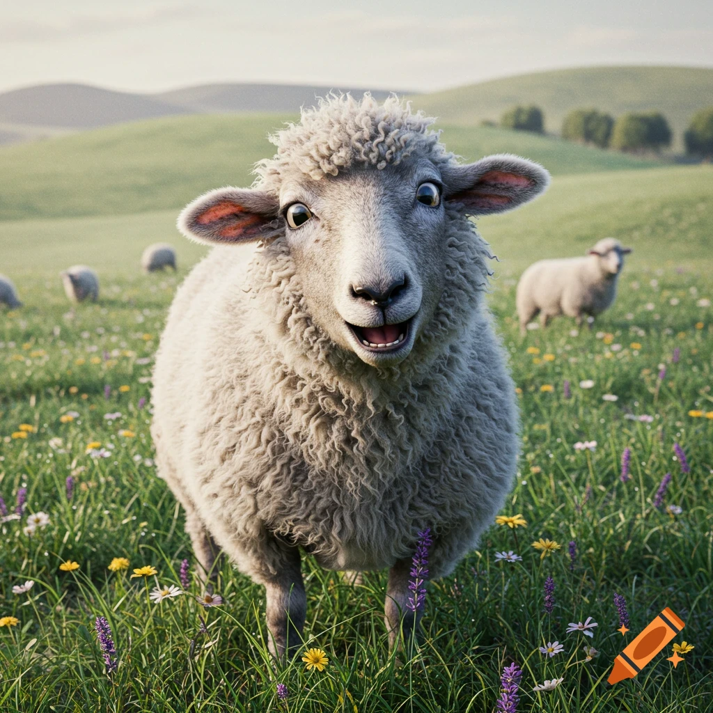 Close-up photorealistic shot of a surprised sheep with wide eyes in a vibrant green field with wildflowers, other sheep in the background.
