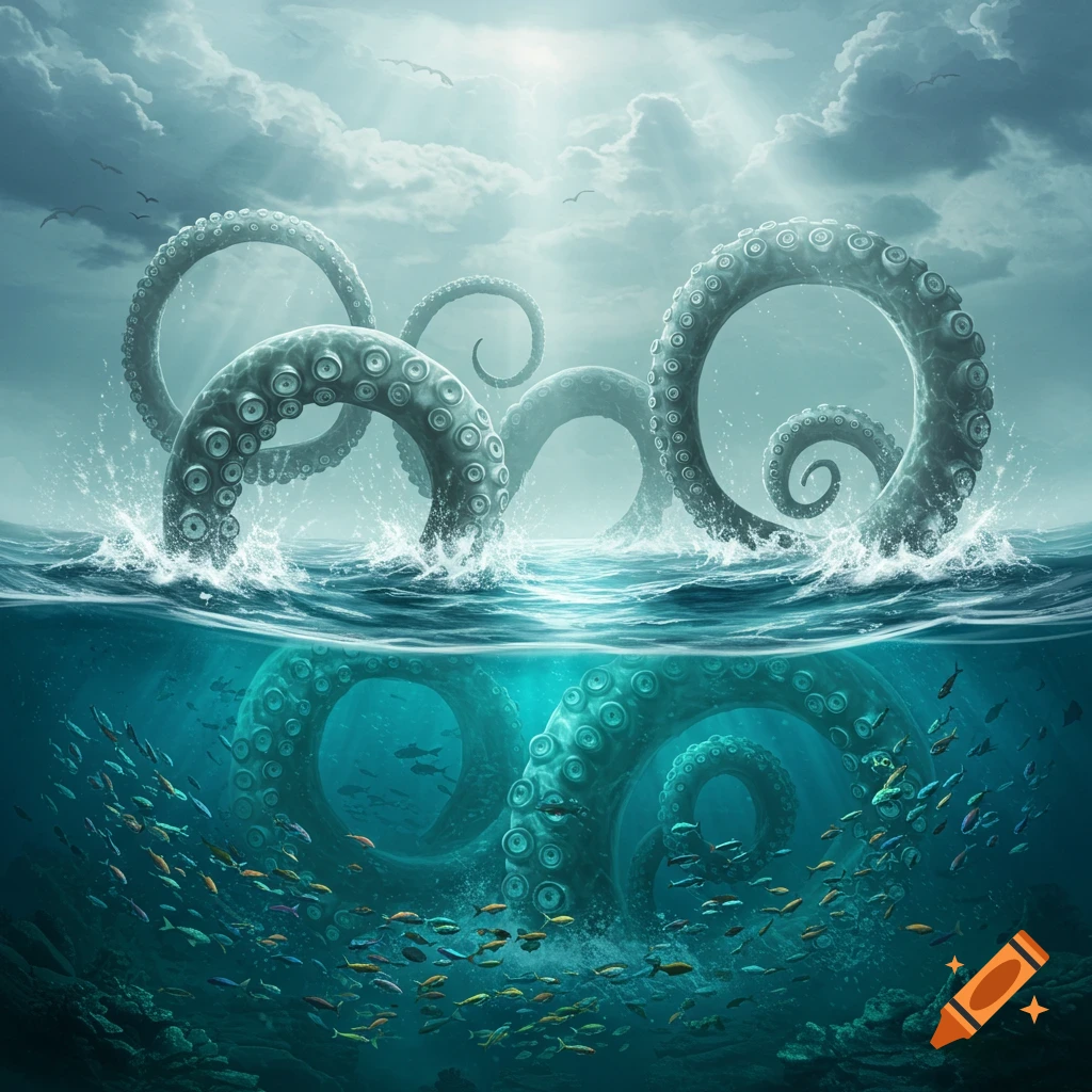 Gigantic kraken tentacles emerge from and submerge into a stormy ocean, surrounded by schools of fish underwater.