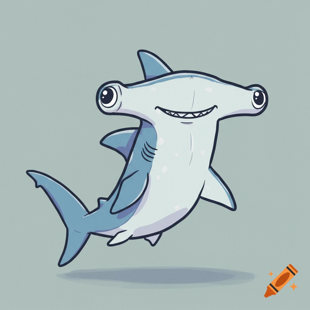 A cute, friendly cartoon hammerhead shark with large eyes and a big smile, against a plain light blue-green background.