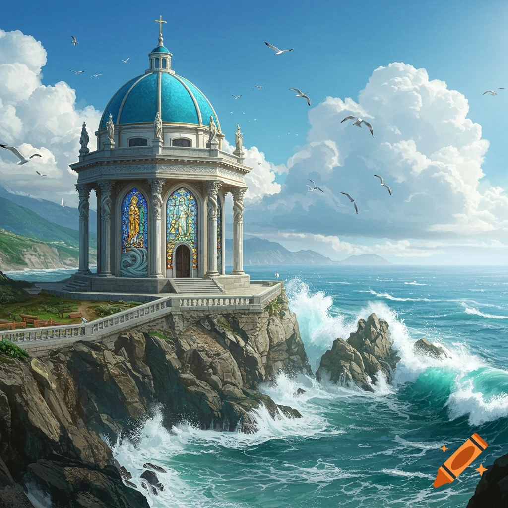 A majestic chapel with a blue dome and stained glass sits on a rocky cliff overlooking a turbulent blue sea under a partly cloudy sky, with seagulls.