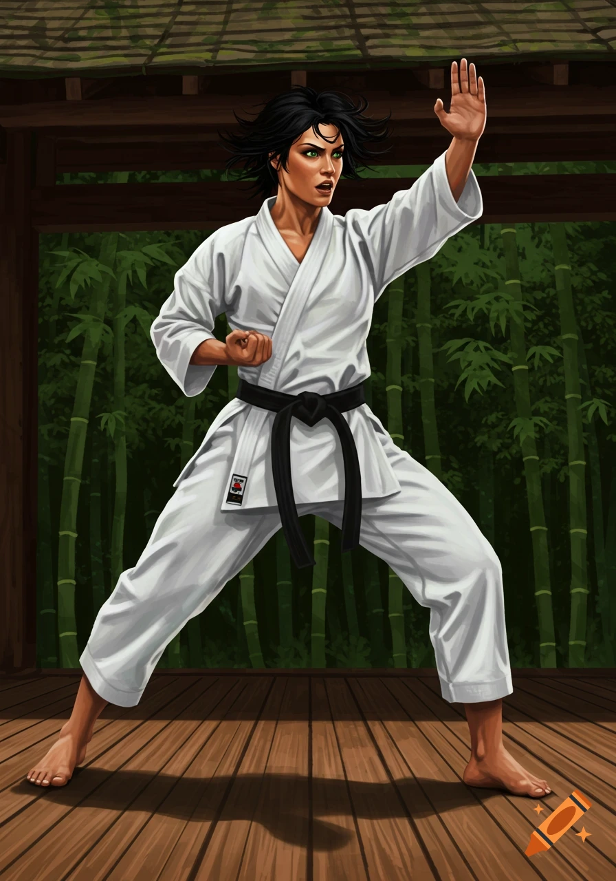 An illustrated woman in a karate uniform and black belt trains in a wooden dojo with bamboo in the background.