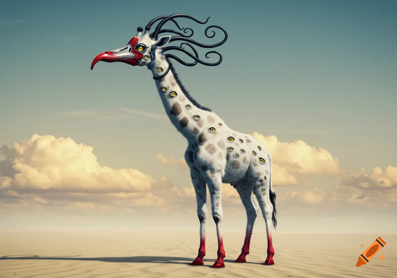 A surreal white fuzzy giraffe with a red metal beak, many yellow eyes, red hooves, and black tentacles on its head stands in a desert landscape.