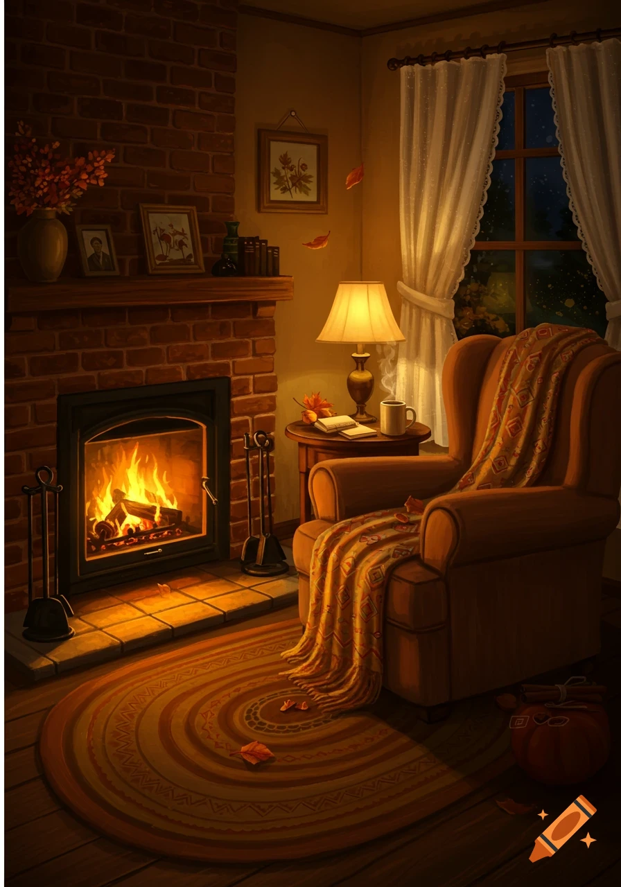 A warmly lit, cozy living room with a crackling fireplace, a brown armchair draped with a patterned blanket, and autumn leaves scattered on a round rug. A lamp illuminates a side table next to a window.